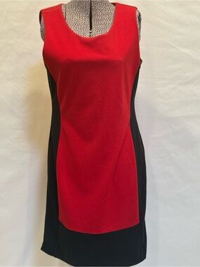 Calvin Klein Red & Black Colorblock Sheath Dress with Exposed Side Zip